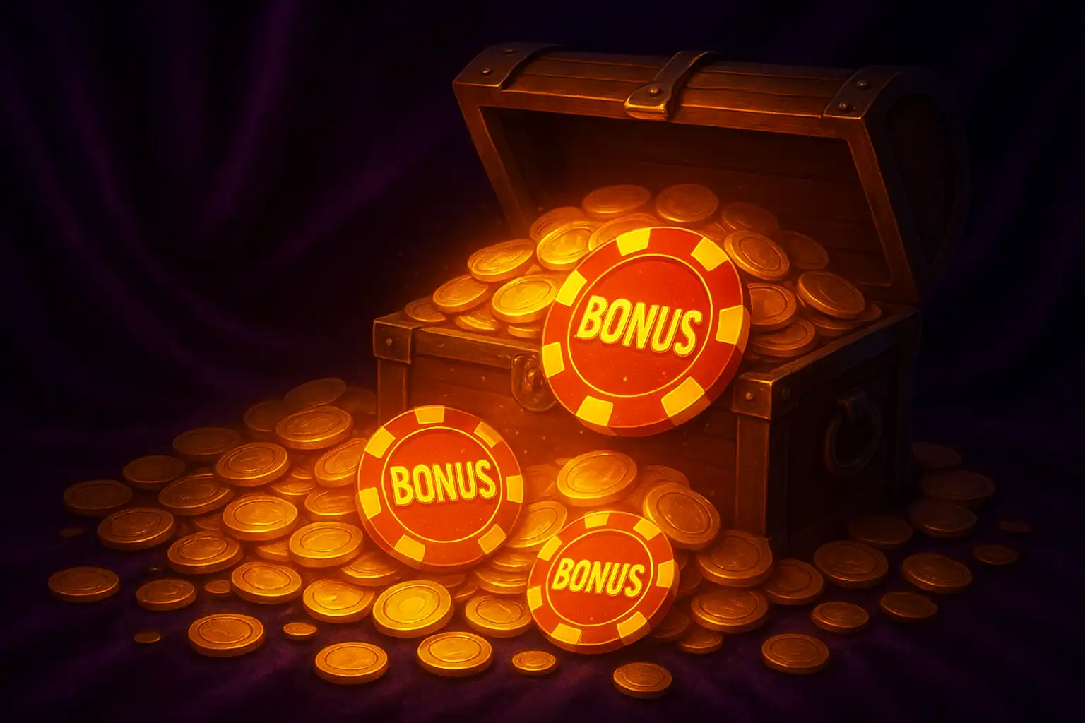 Stack of gold coins and bonus chips glowing against a dark purple casino background
